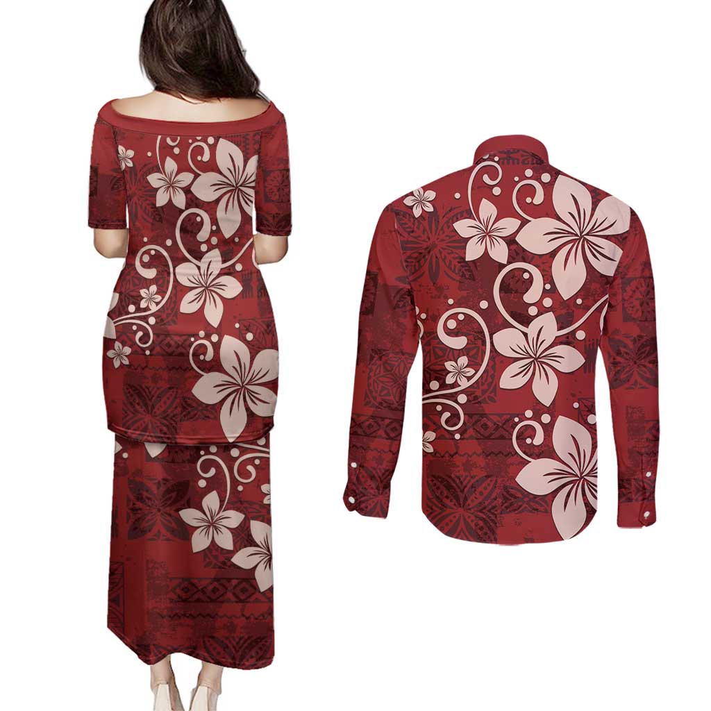 Plumeria Floral Tapa Pattern Oxblood Red Couples Matching Puletasi and Long Sleeve Button Shirt LT01 - Polynesian Pride