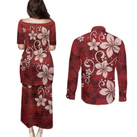 Plumeria Floral Tapa Pattern Oxblood Red Couples Matching Puletasi and Long Sleeve Button Shirt LT01 - Polynesian Pride