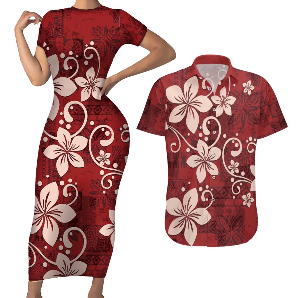 Plumeria Floral Tapa Pattern Oxblood Red Couples Matching Short Sleeve Bodycon Dress and Hawaiian Shirt