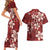 Plumeria Floral Tapa Pattern Oxblood Red Couples Matching Short Sleeve Bodycon Dress and Hawaiian Shirt