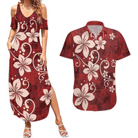 Plumeria Floral Tapa Pattern Oxblood Red Couples Matching Summer Maxi Dress and Hawaiian Shirt LT01 Red - Polynesian Pride