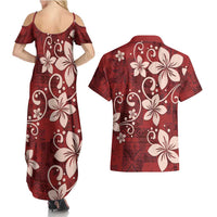 Plumeria Floral Tapa Pattern Oxblood Red Couples Matching Summer Maxi Dress and Hawaiian Shirt LT01 - Polynesian Pride