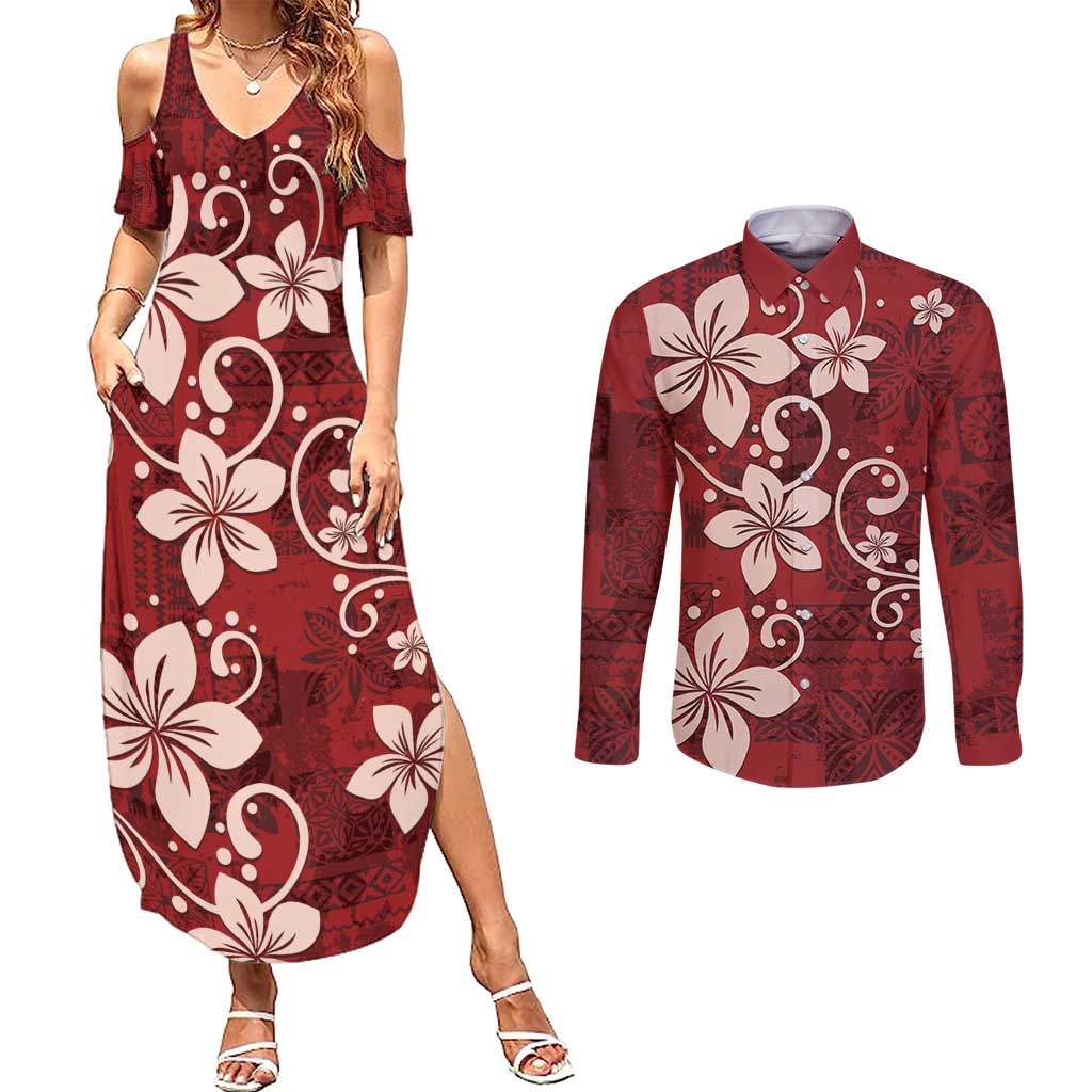 Plumeria Floral Tapa Pattern Oxblood Red Couples Matching Summer Maxi Dress and Long Sleeve Button Shirt LT01 Red - Polynesian Pride