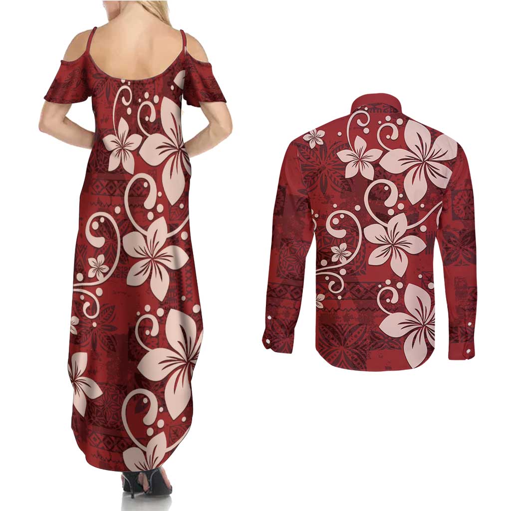 Plumeria Floral Tapa Pattern Oxblood Red Couples Matching Summer Maxi Dress and Long Sleeve Button Shirt LT01 - Polynesian Pride