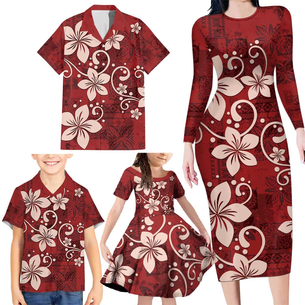 Plumeria Floral Tapa Pattern Oxblood Red Family Matching Long Sleeve Bodycon Dress and Hawaiian Shirt LT01 - Polynesian Pride