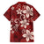 Plumeria Floral Tapa Pattern Oxblood Red Family Matching Long Sleeve Bodycon Dress and Hawaiian Shirt