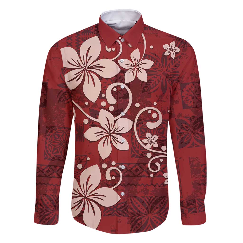 Plumeria Floral Tapa Pattern Oxblood Red Family Matching Long Sleeve Bodycon Dress and Hawaiian Shirt LT01 Dad's Shirt - Long Sleeve Red - Polynesian Pride