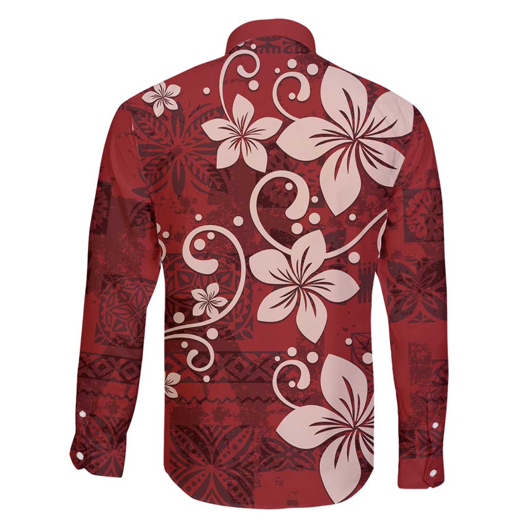 Plumeria Floral Tapa Pattern Oxblood Red Family Matching Long Sleeve Bodycon Dress and Hawaiian Shirt LT01 - Polynesian Pride