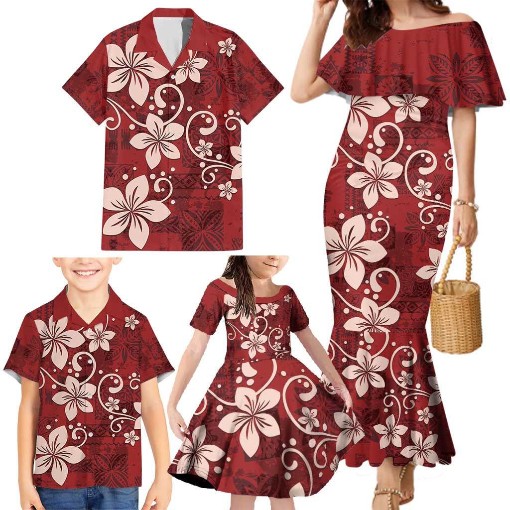 Plumeria Floral Tapa Pattern Oxblood Red Family Matching Mermaid Dress and Hawaiian Shirt