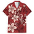 Plumeria Floral Tapa Pattern Oxblood Red Family Matching Off The Shoulder Long Sleeve Dress and Hawaiian Shirt