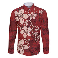 Plumeria Floral Tapa Pattern Oxblood Red Family Matching Off Shoulder Maxi Dress and Hawaiian Shirt