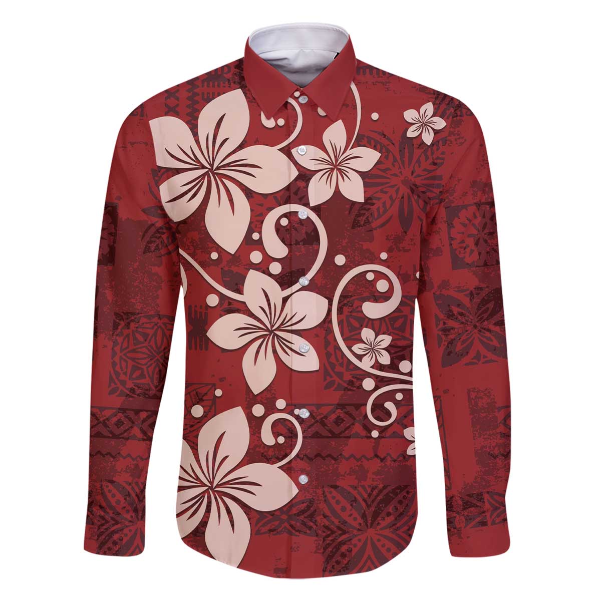 Plumeria Floral Tapa Pattern Oxblood Red Family Matching Off Shoulder Short Dress and Hawaiian Shirt