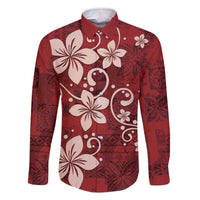 Plumeria Floral Tapa Pattern Oxblood Red Family Matching Off Shoulder Short Dress and Hawaiian Shirt