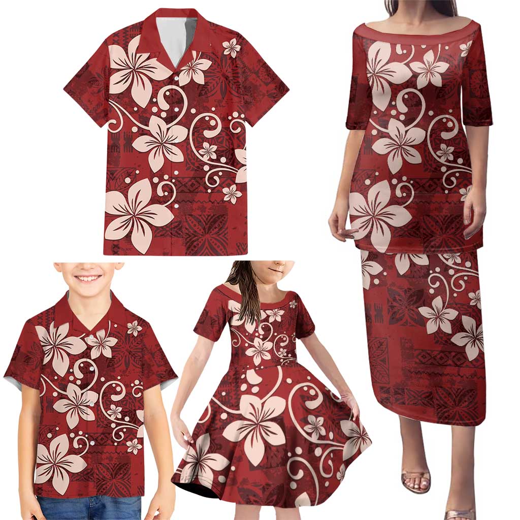 Plumeria Floral Tapa Pattern Oxblood Red Family Matching Puletasi and Hawaiian Shirt