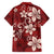 Plumeria Floral Tapa Pattern Oxblood Red Family Matching Short Sleeve Bodycon Dress and Hawaiian Shirt