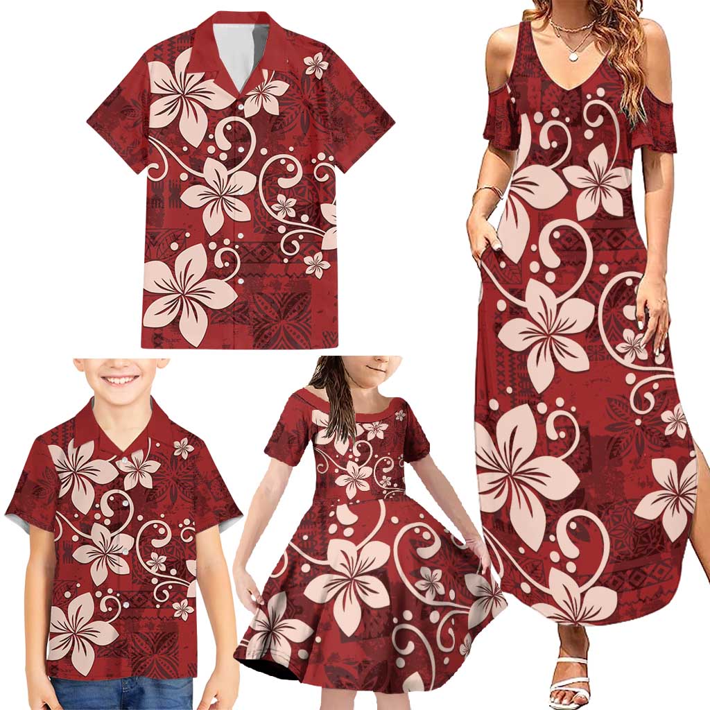 Plumeria Floral Tapa Pattern Oxblood Red Family Matching Summer Maxi Dress and Hawaiian Shirt