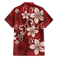 Plumeria Floral Tapa Pattern Oxblood Red Family Matching Summer Maxi Dress and Hawaiian Shirt