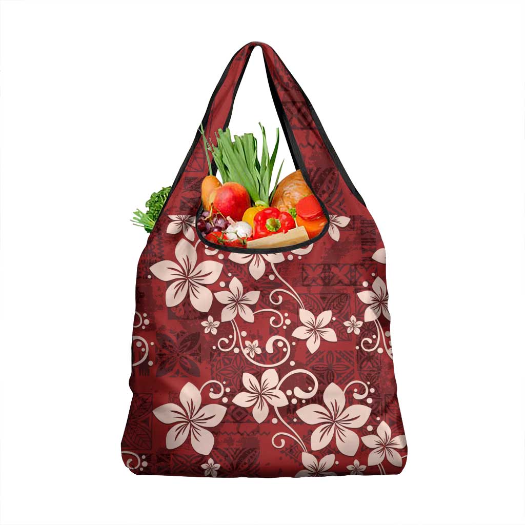 Plumeria Floral Tapa Pattern Oxblood Red Grocery Bag LT01 1-pack One Size Red - Polynesian Pride