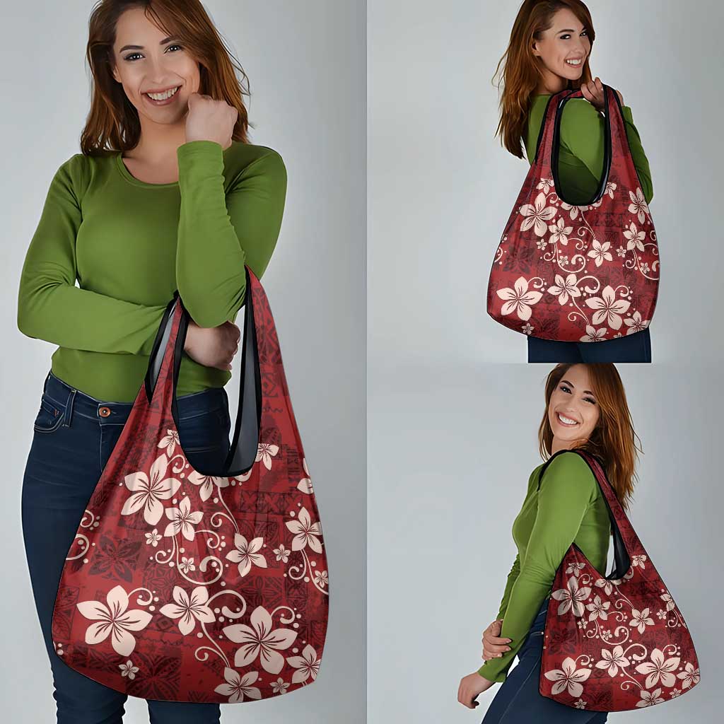 Plumeria Floral Tapa Pattern Oxblood Red Grocery Bag LT01 - Polynesian Pride