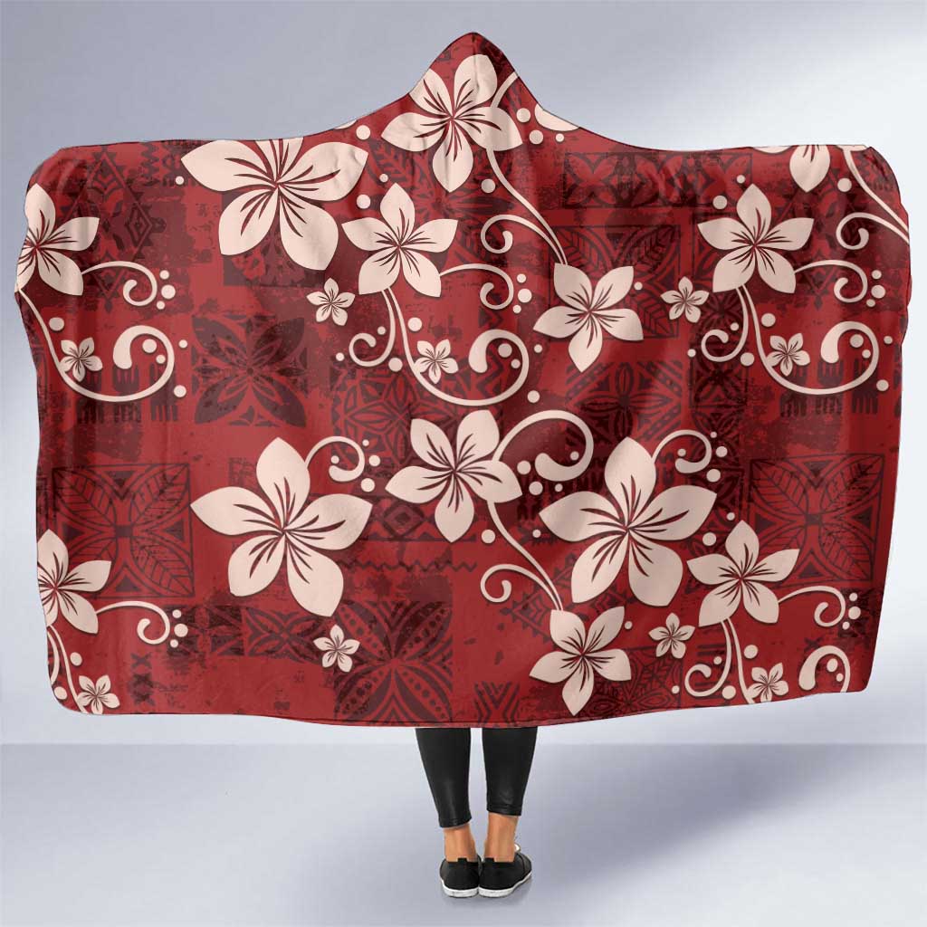 Plumeria Floral Tapa Pattern Oxblood Red Hooded Blanket LT01 One Size Red - Polynesian Pride