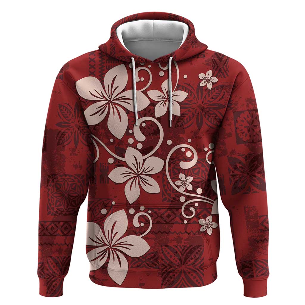 Plumeria Floral Tapa Pattern Oxblood Red Hoodie LT01 Pullover Hoodie Red - Polynesian Pride
