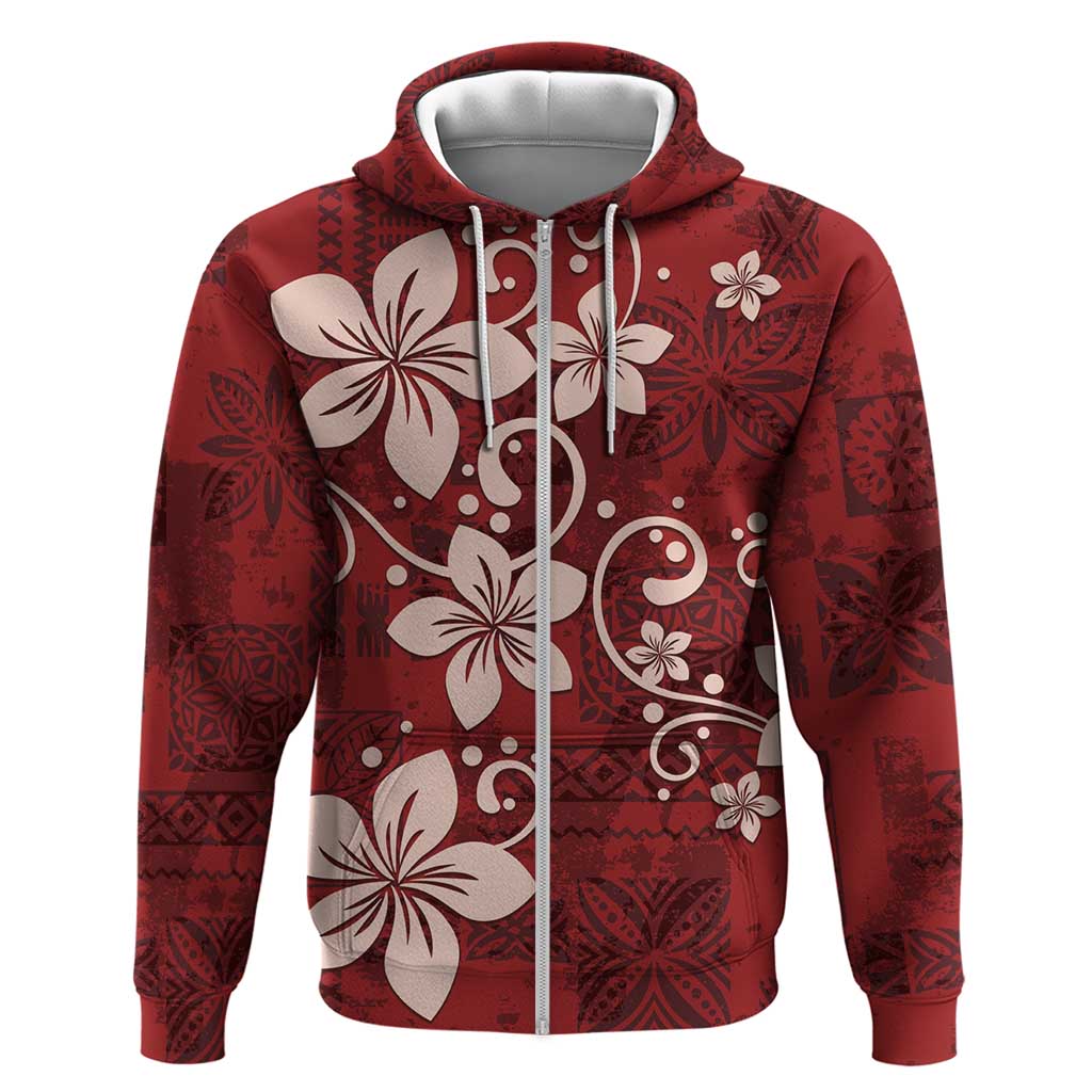 Plumeria Floral Tapa Pattern Oxblood Red Hoodie LT01 Zip Hoodie Red - Polynesian Pride