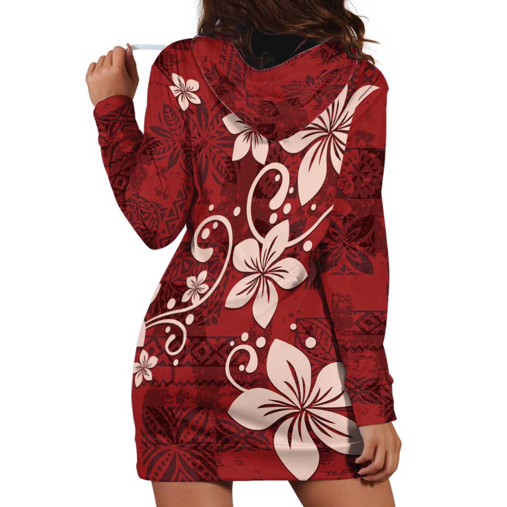 Plumeria Floral Tapa Pattern Oxblood Red Hoodie Dress LT01 - Polynesian Pride