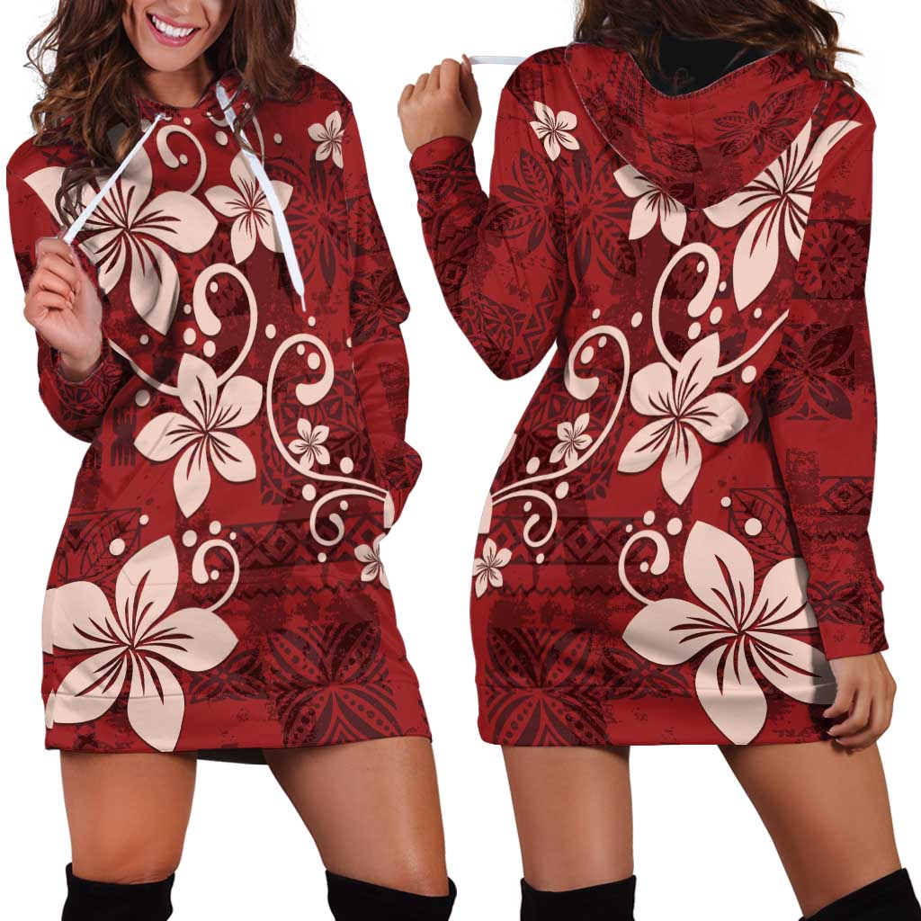 Plumeria Floral Tapa Pattern Oxblood Red Hoodie Dress LT01 - Polynesian Pride