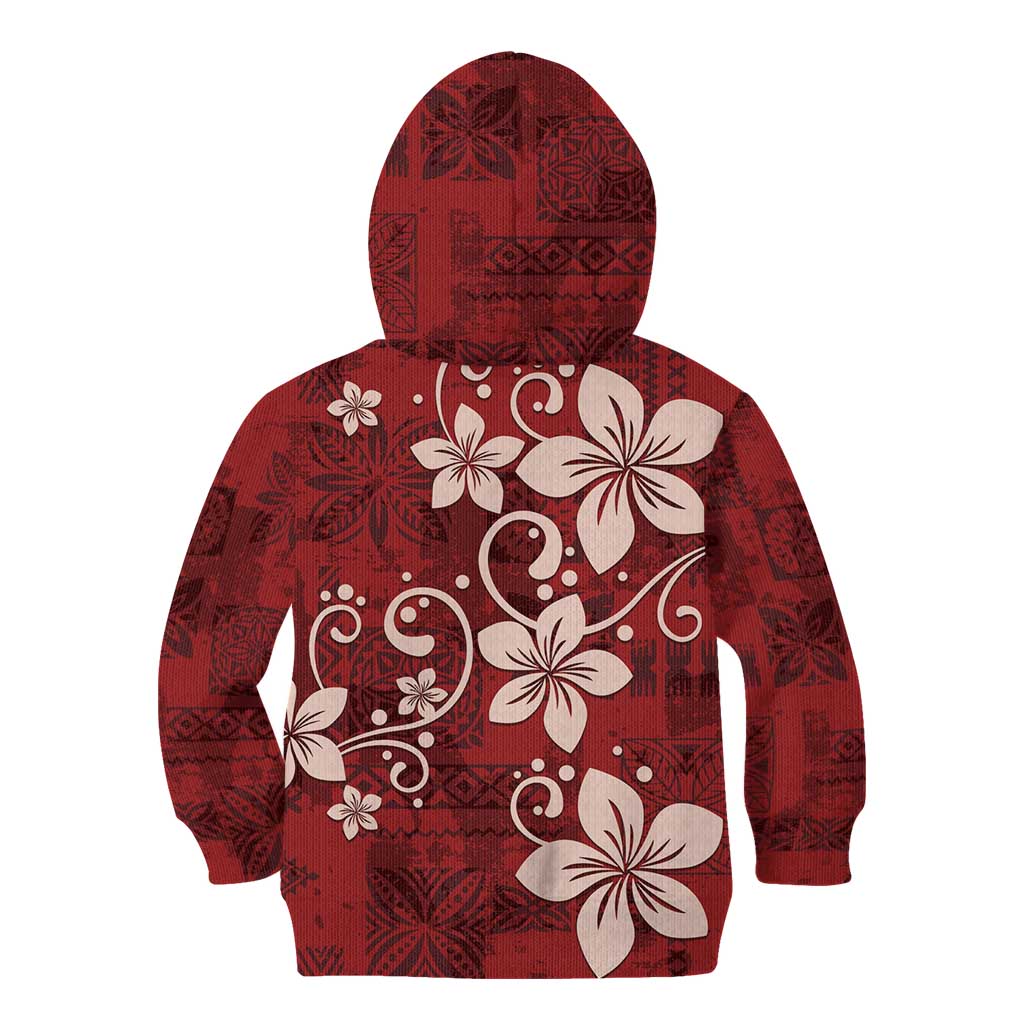 Plumeria Floral Tapa Pattern Oxblood Red Kid Hoodie