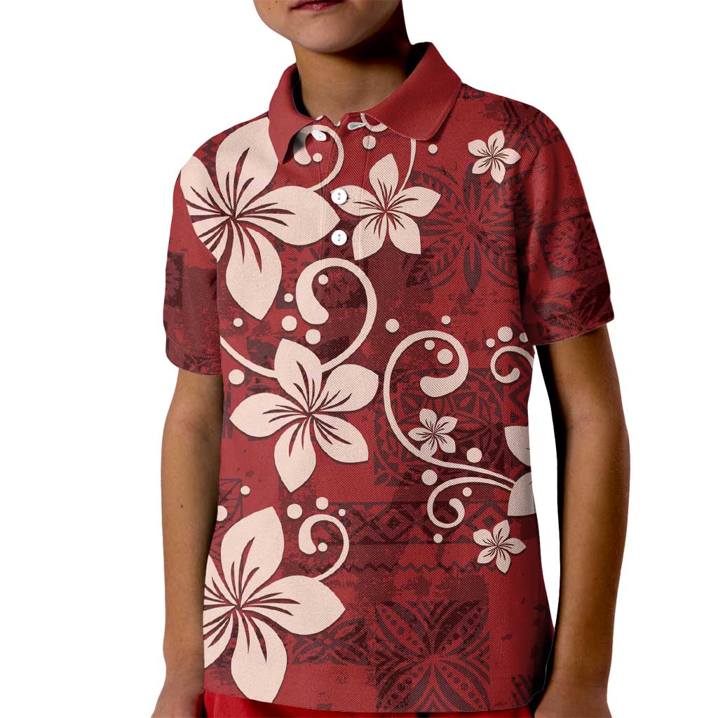 Plumeria Floral Tapa Pattern Oxblood Red Kid Polo Shirt