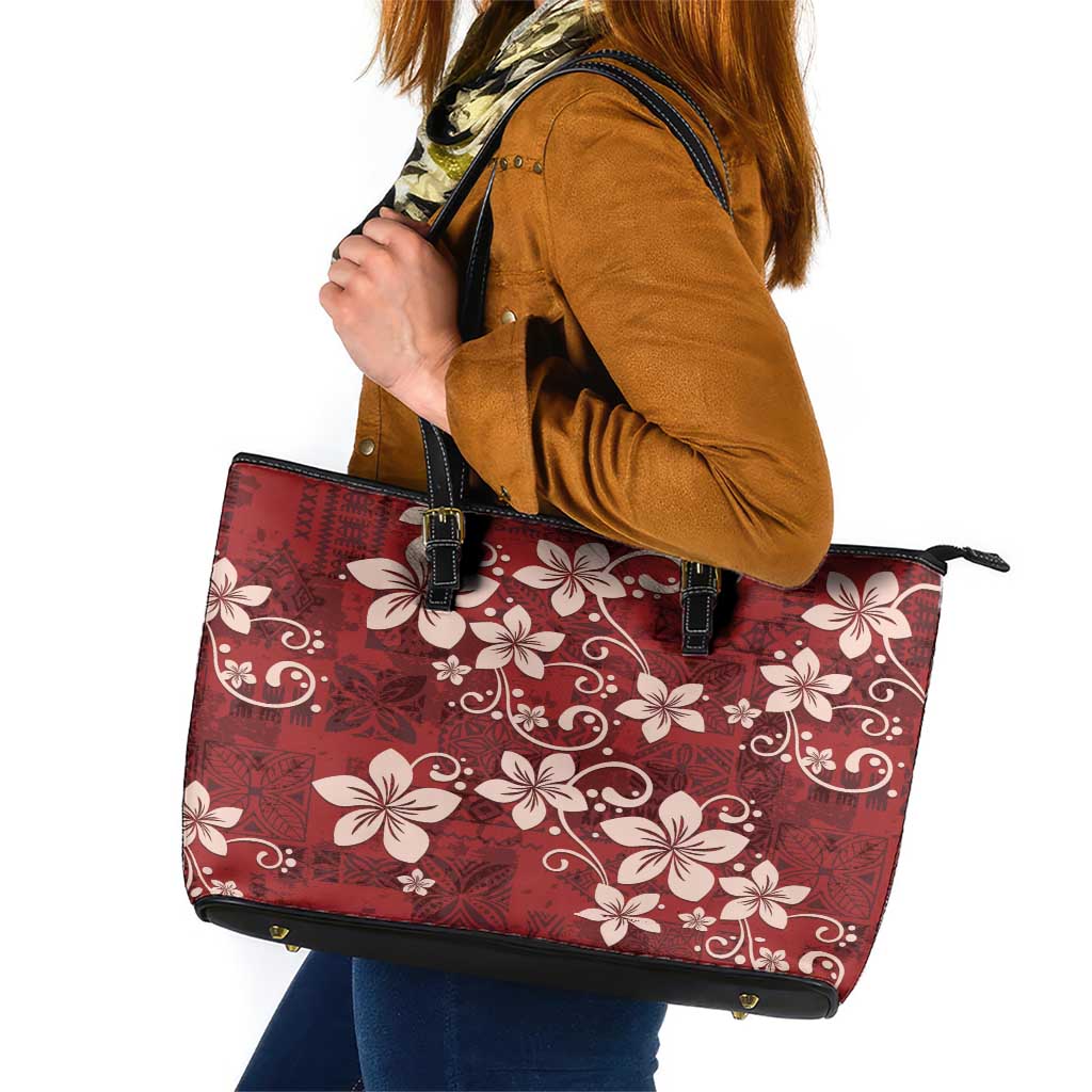 Plumeria Floral Tapa Pattern Oxblood Red Leather Tote Bag