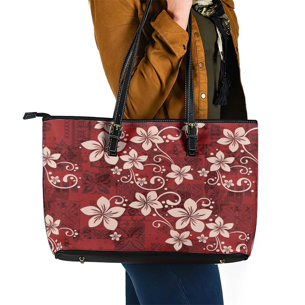 Plumeria Floral Tapa Pattern Oxblood Red Leather Tote Bag LT01 - Polynesian Pride