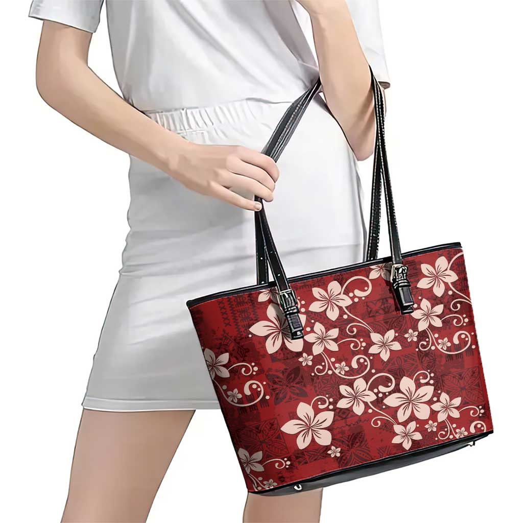 Plumeria Floral Tapa Pattern Oxblood Red Leather Tote Bag LT01 - Polynesian Pride
