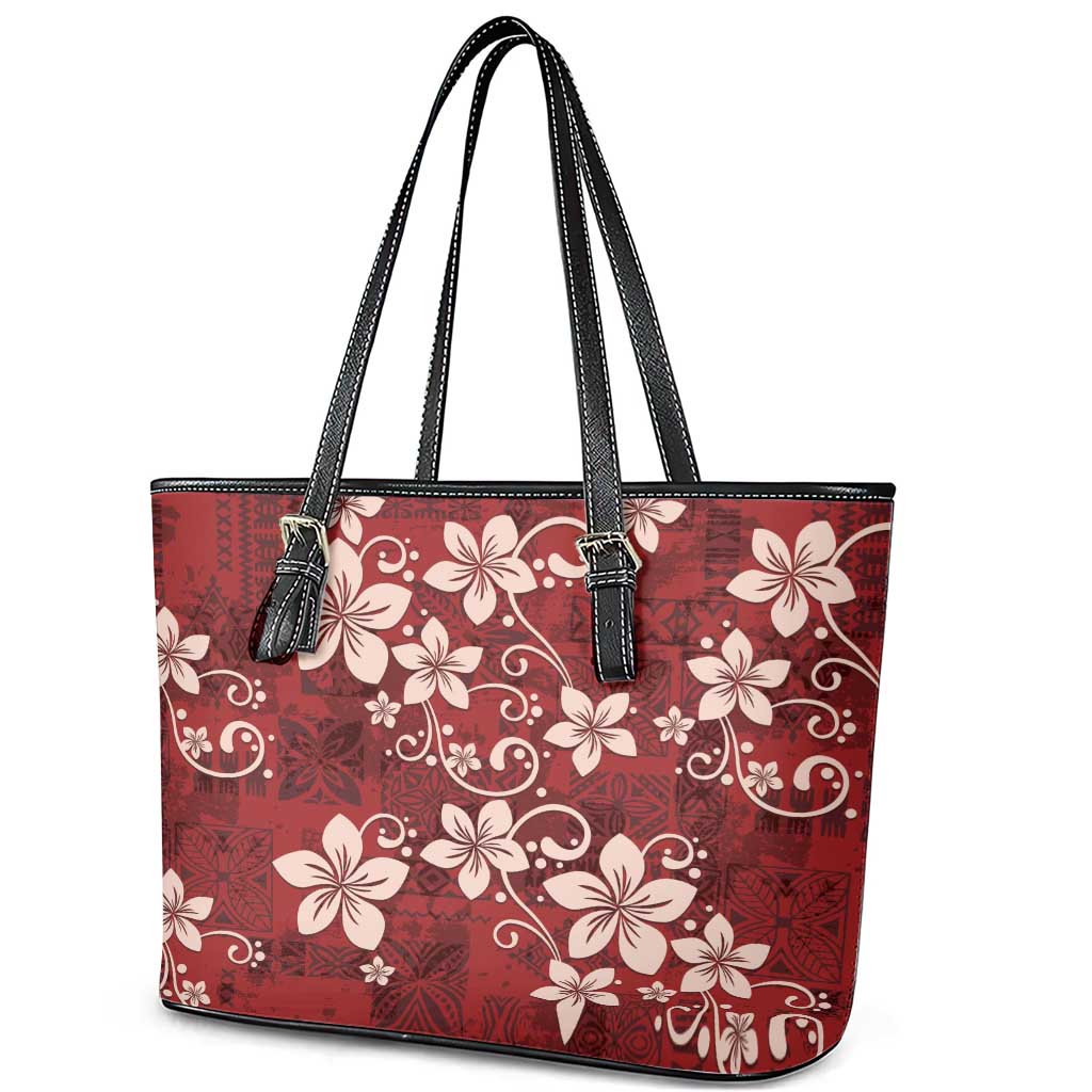 Plumeria Floral Tapa Pattern Oxblood Red Leather Tote Bag LT01 - Polynesian Pride