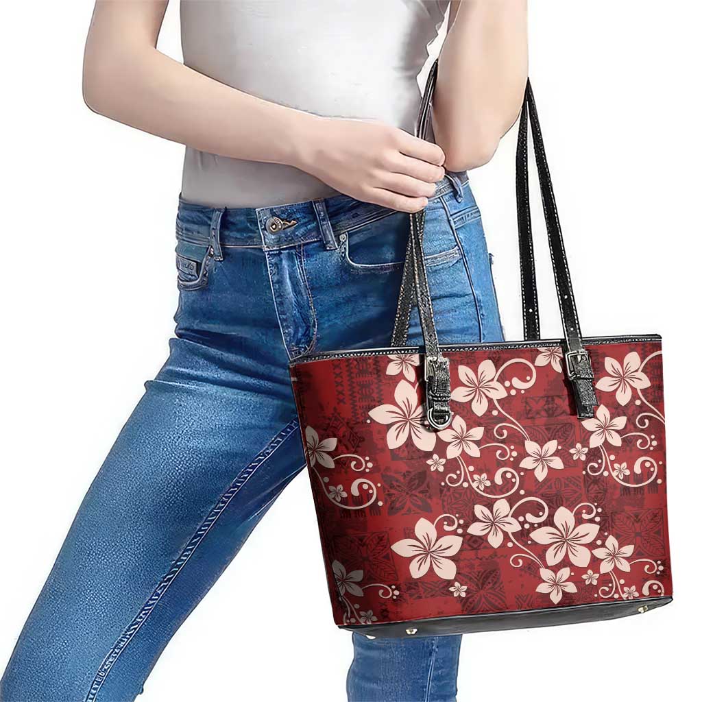 Plumeria Floral Tapa Pattern Oxblood Red Leather Tote Bag LT01 - Polynesian Pride