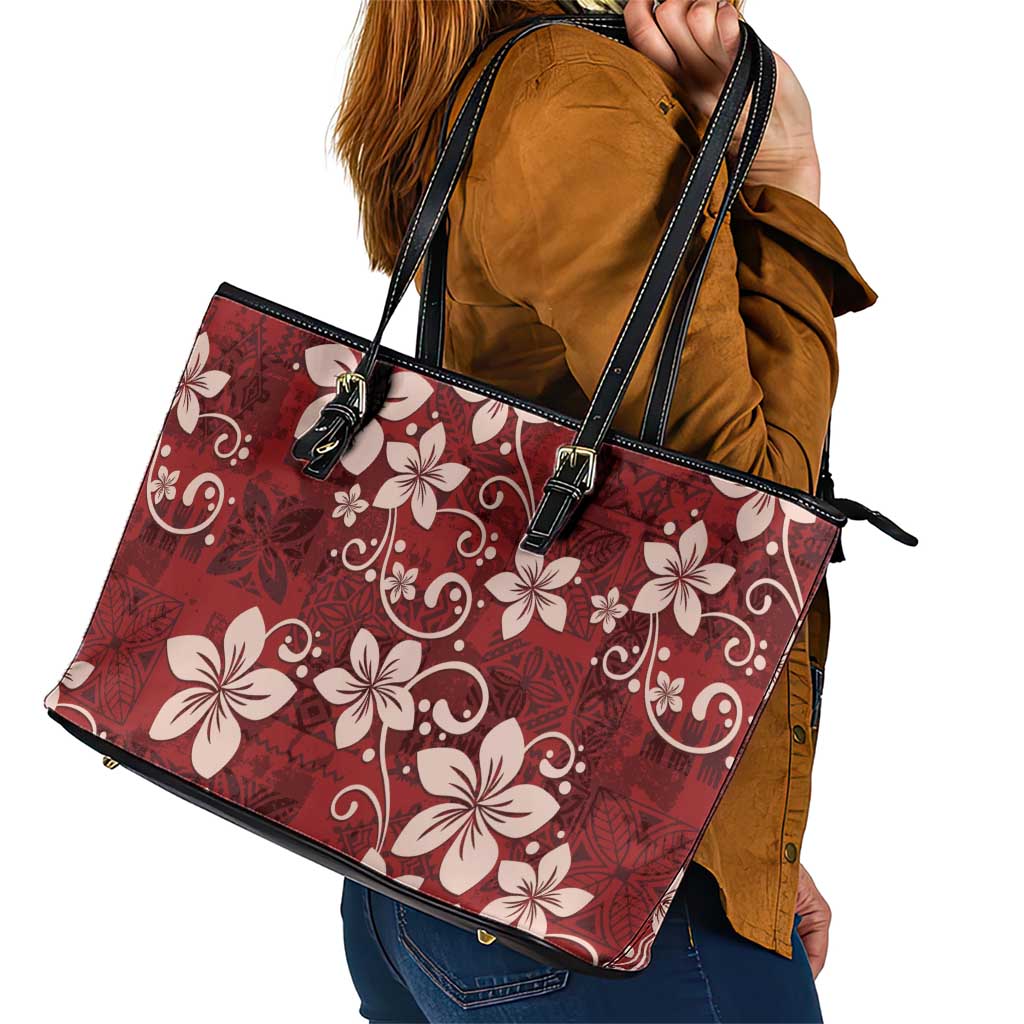 Plumeria Floral Tapa Pattern Oxblood Red Leather Tote Bag LT01 - Polynesian Pride