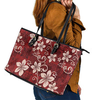 Plumeria Floral Tapa Pattern Oxblood Red Leather Tote Bag LT01 - Polynesian Pride