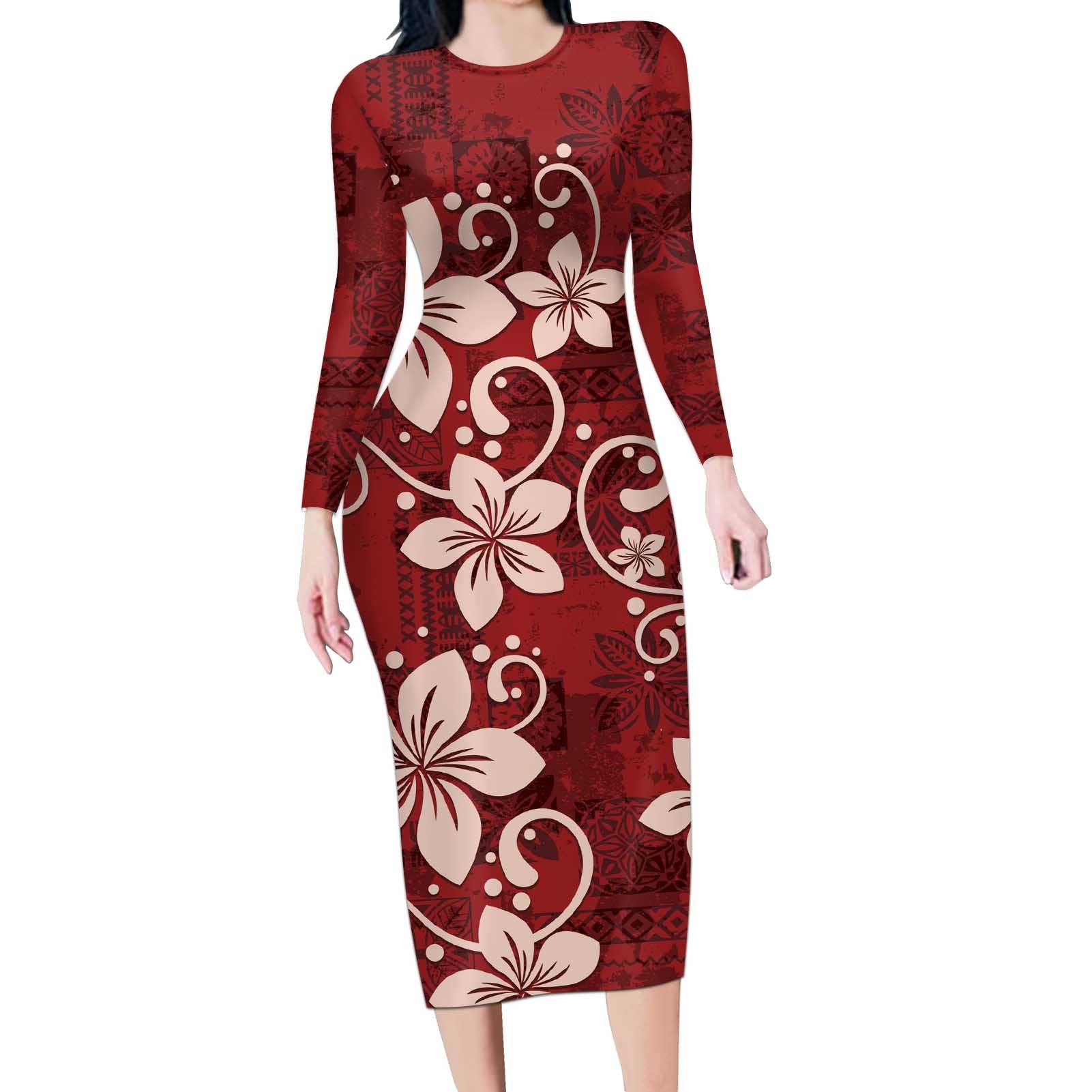 Plumeria Floral Tapa Pattern Oxblood Red Long Sleeve Bodycon Dress