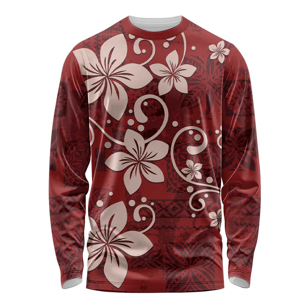 Plumeria Floral Tapa Pattern Oxblood Red Long Sleeve Shirt