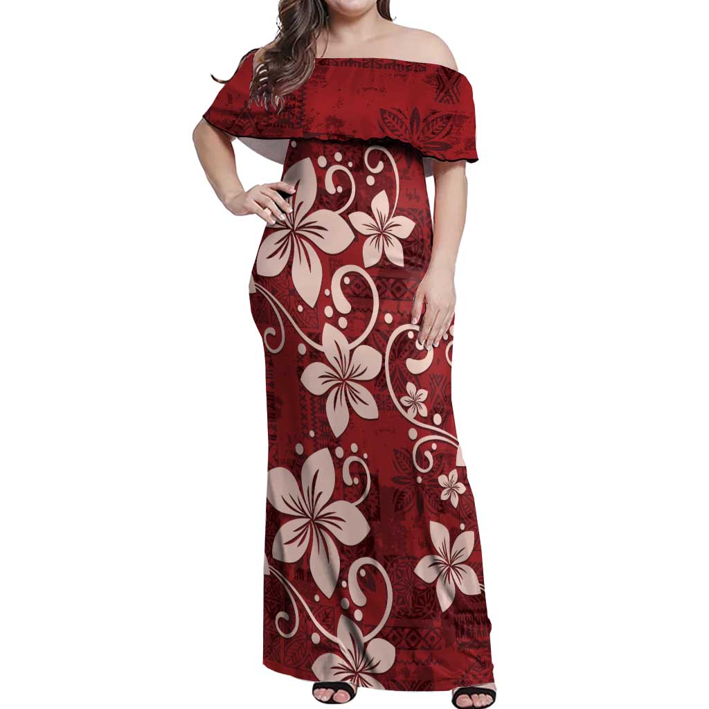 Plumeria Floral Tapa Pattern Oxblood Red Off Shoulder Maxi Dress LT01 Women Red - Polynesian Pride