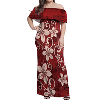 Plumeria Floral Tapa Pattern Oxblood Red Off Shoulder Maxi Dress LT01 Women Red - Polynesian Pride