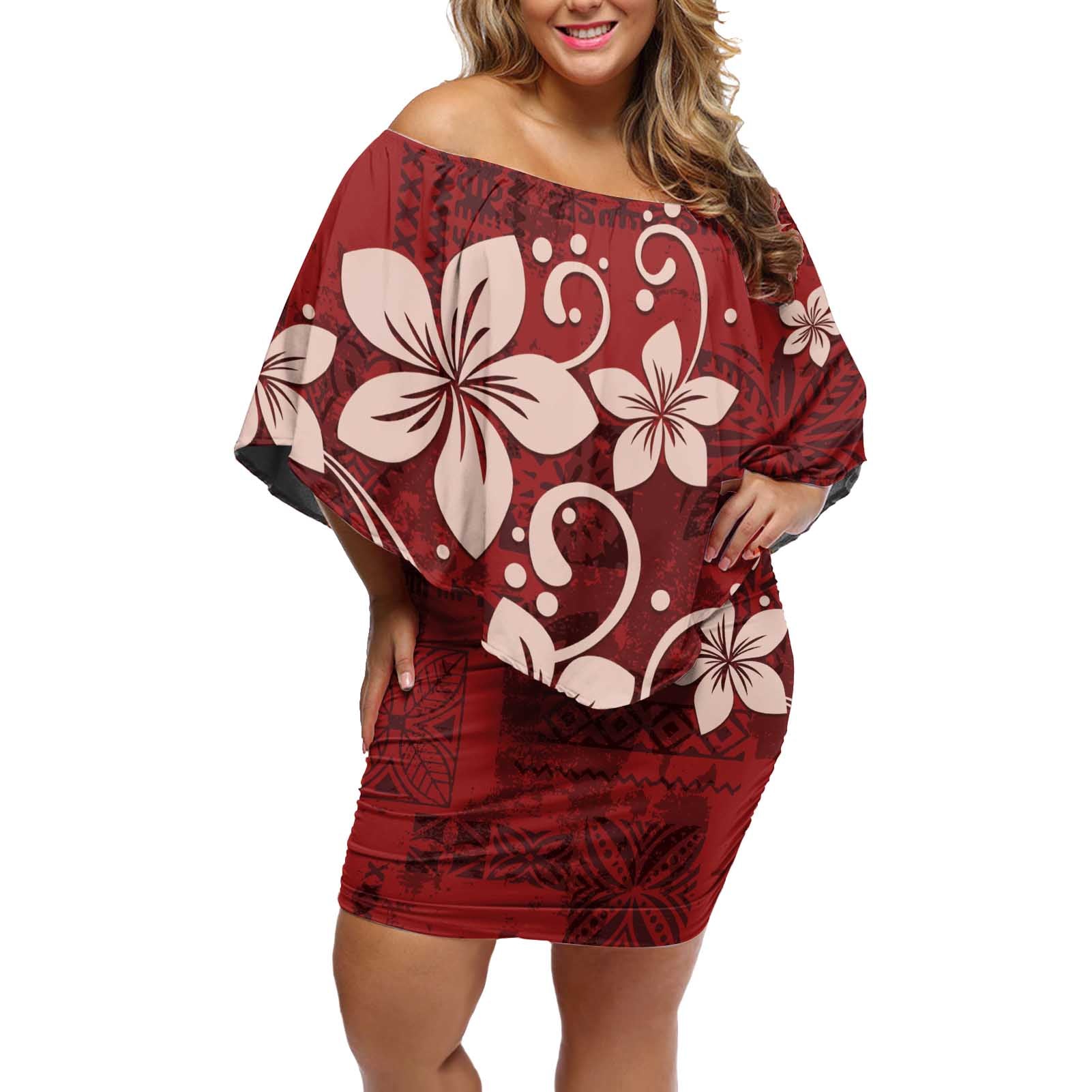 Plumeria Floral Tapa Pattern Oxblood Red Off Shoulder Short Dress