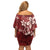 Plumeria Floral Tapa Pattern Oxblood Red Off Shoulder Short Dress