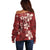 Plumeria Floral Tapa Pattern Oxblood Red Off Shoulder Sweater