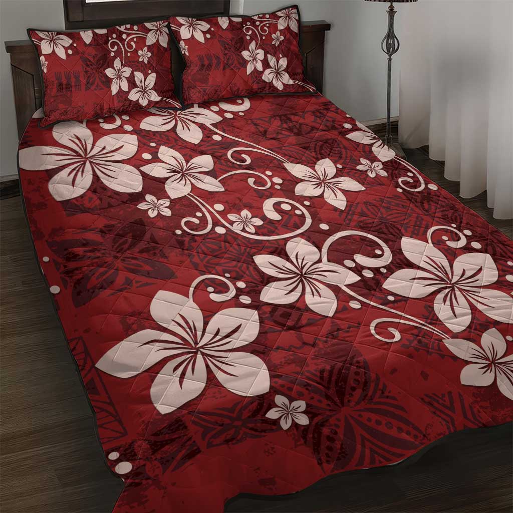 Plumeria Floral Tapa Pattern Oxblood Red Quilt Bed Set LT01 Red - Polynesian Pride