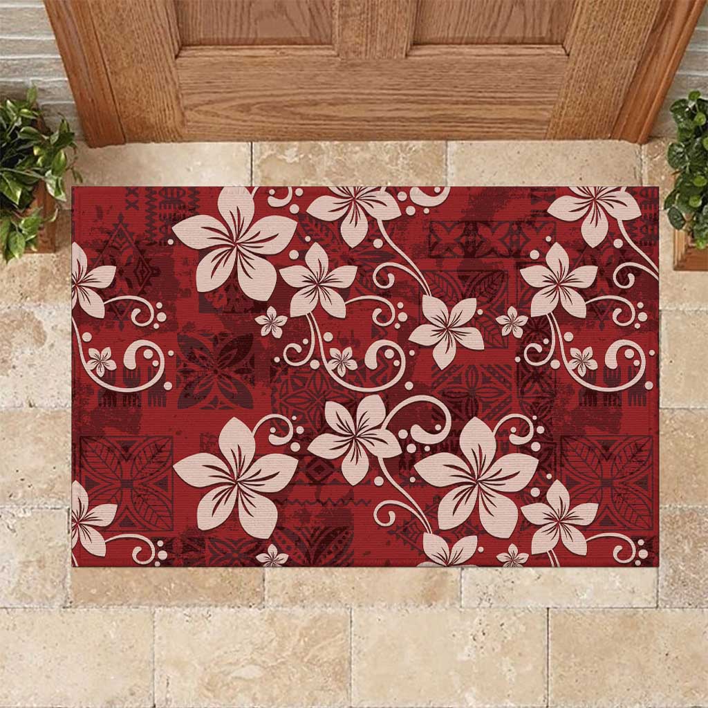 Plumeria Floral Tapa Pattern Oxblood Red Rubber Doormat LT01 Red - Polynesian Pride
