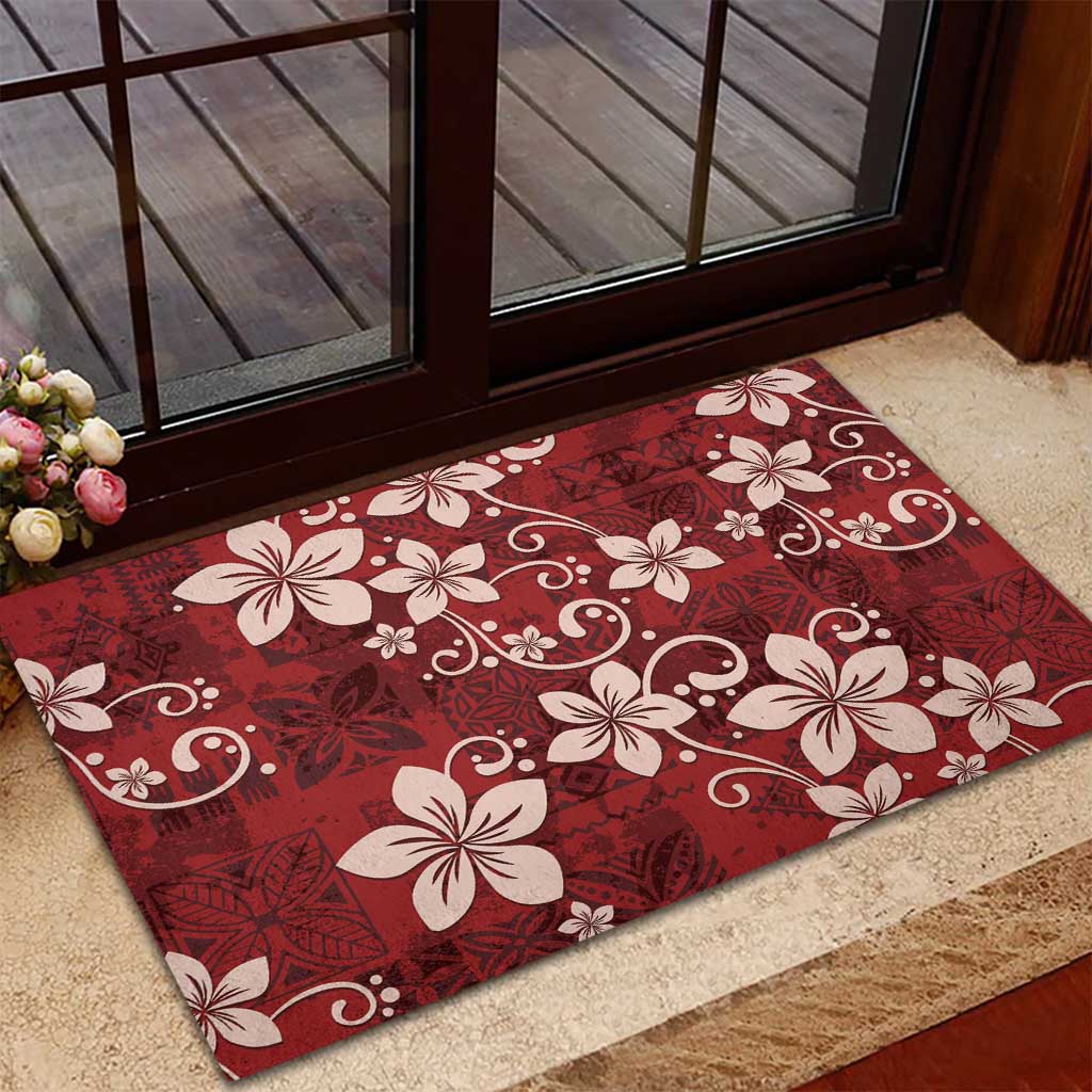 Plumeria Floral Tapa Pattern Oxblood Red Rubber Doormat LT01 - Polynesian Pride