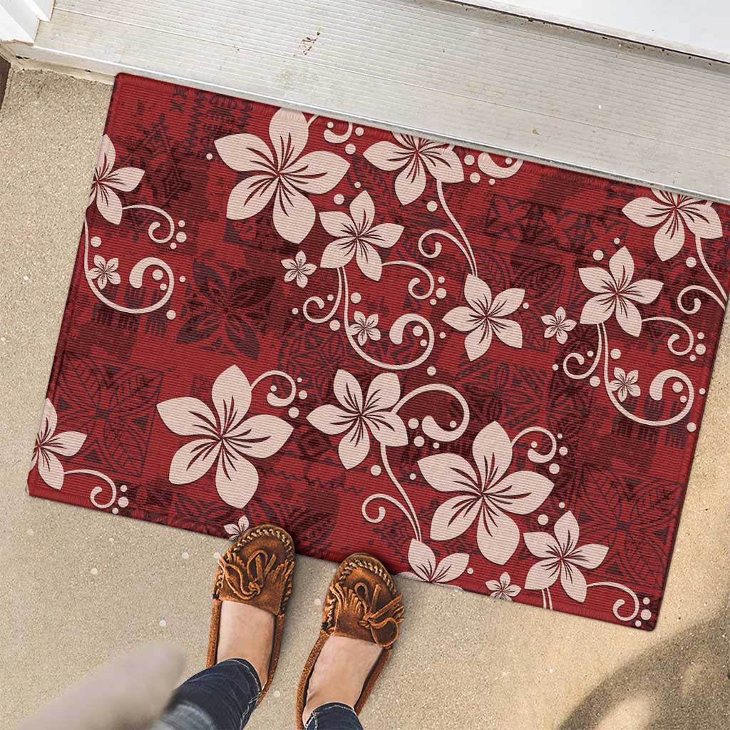 Plumeria Floral Tapa Pattern Oxblood Red Rubber Doormat LT01 - Polynesian Pride