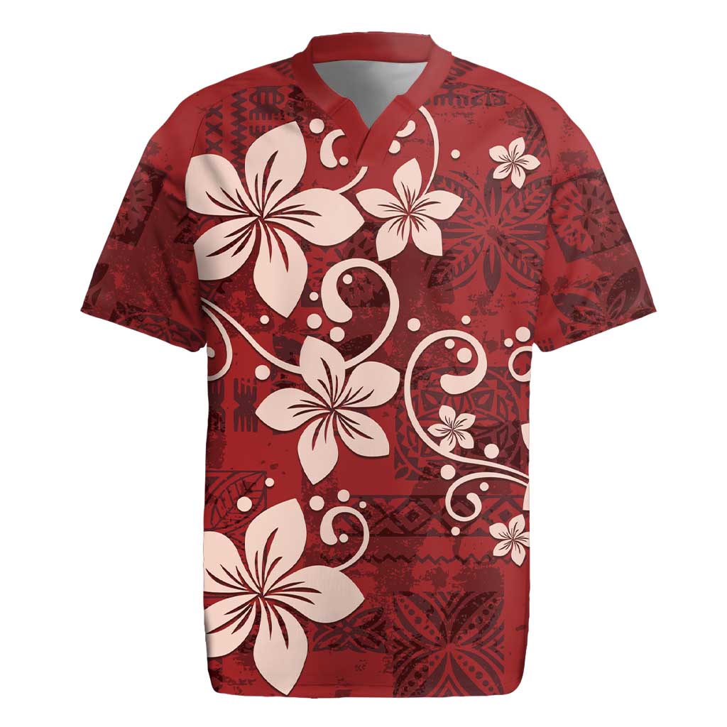 Plumeria Floral Tapa Pattern Oxblood Red Rugby Jersey