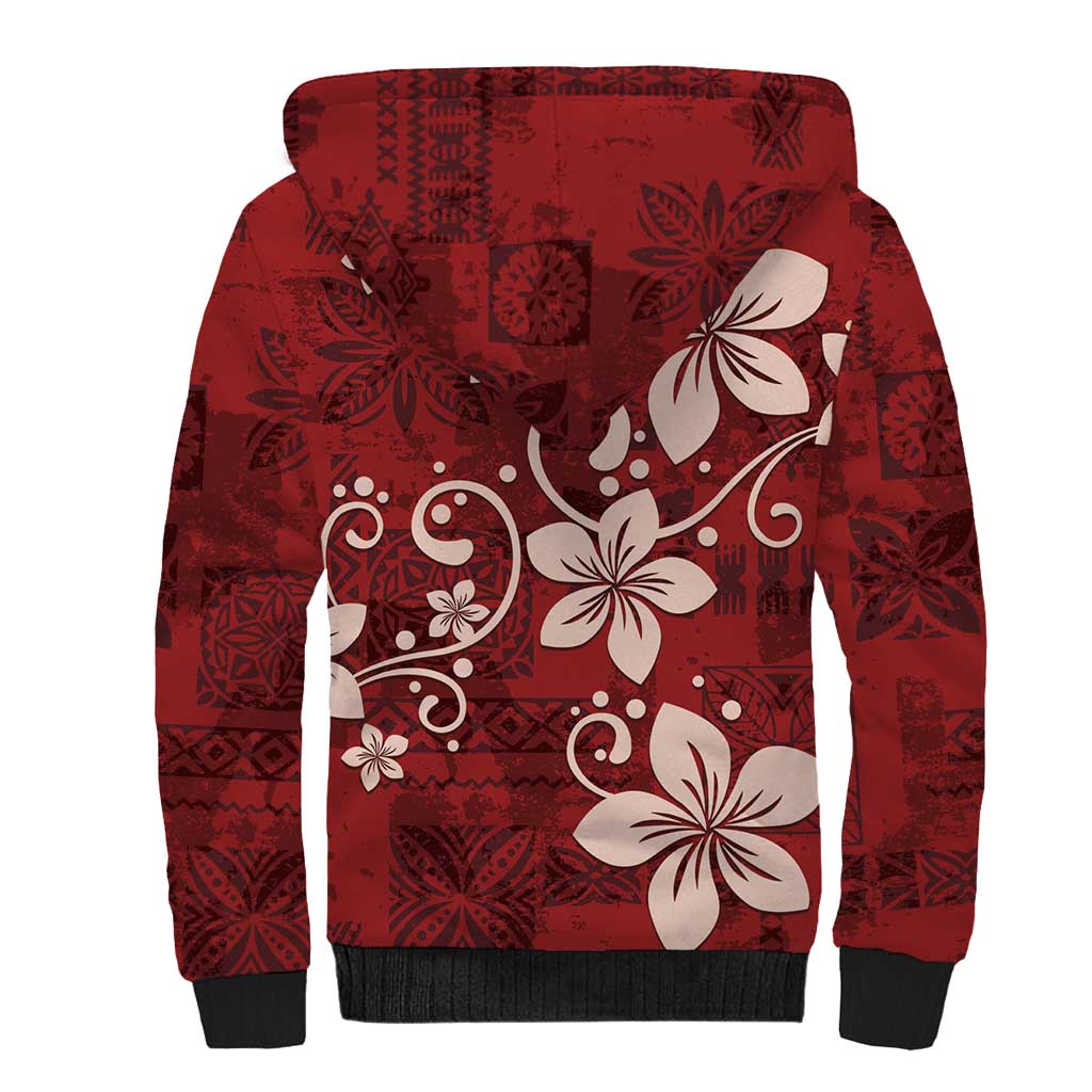 Plumeria Floral Tapa Pattern Oxblood Red Sherpa Hoodie LT01 - Polynesian Pride